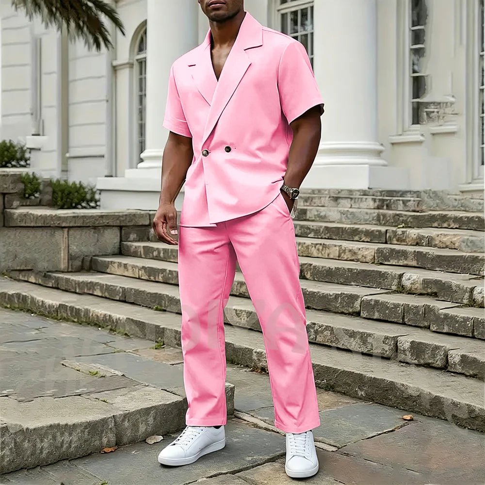 Stylish Men's 2 Piece Sets Notch Lapel Double Button Short Sleeves Blazer Suit Straight Fit Summer Casual Fashion Outfit