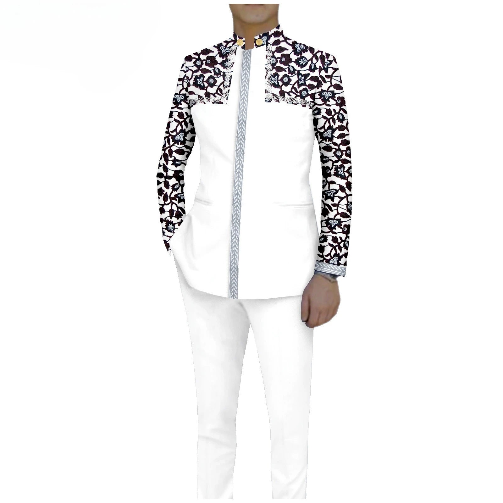 Men`s Suit Slim Fit Embroidery Gold Chain Single Breasted Blazer and Trousers 2 Piece Set Print Outfits African Clothes A2416106