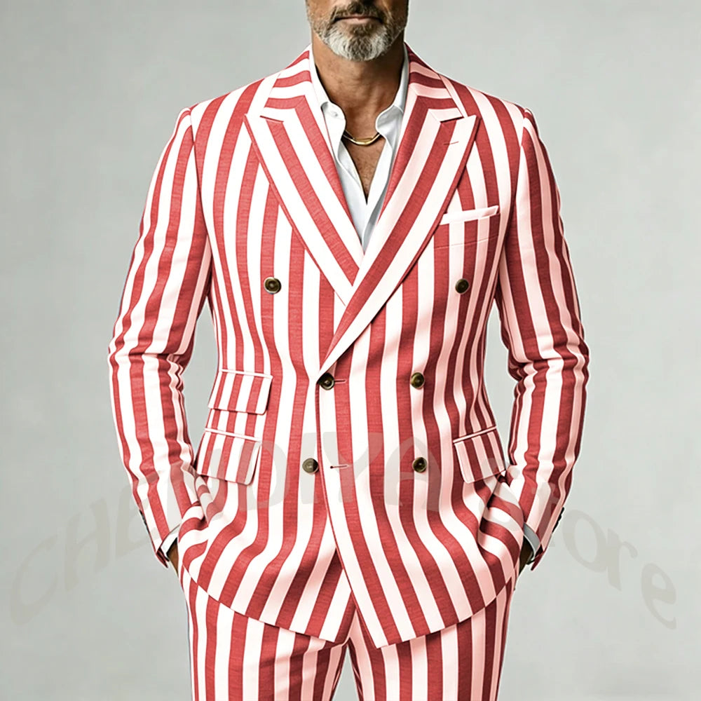 Casual Wide Striped Men's Suit Double Breasted Peaked Lapel Tailored Costume Homme Smart Business Office Daily Party Outfit