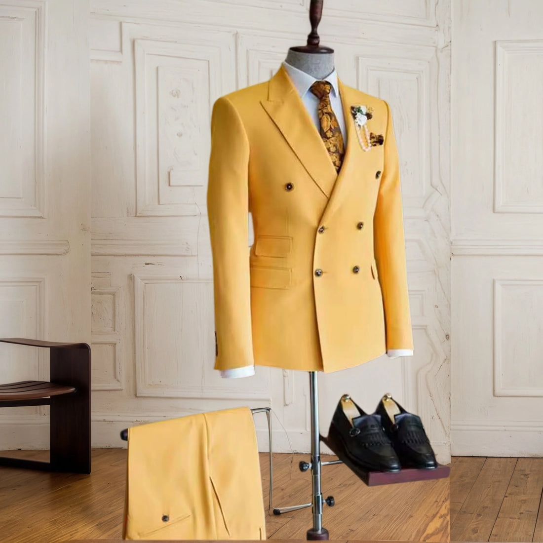 New Fashion Chic Yellow Suits for Men Double Breasted 2 Piece Jacket Pants Male Clothing Formal Business Gentleman Blazers Sets