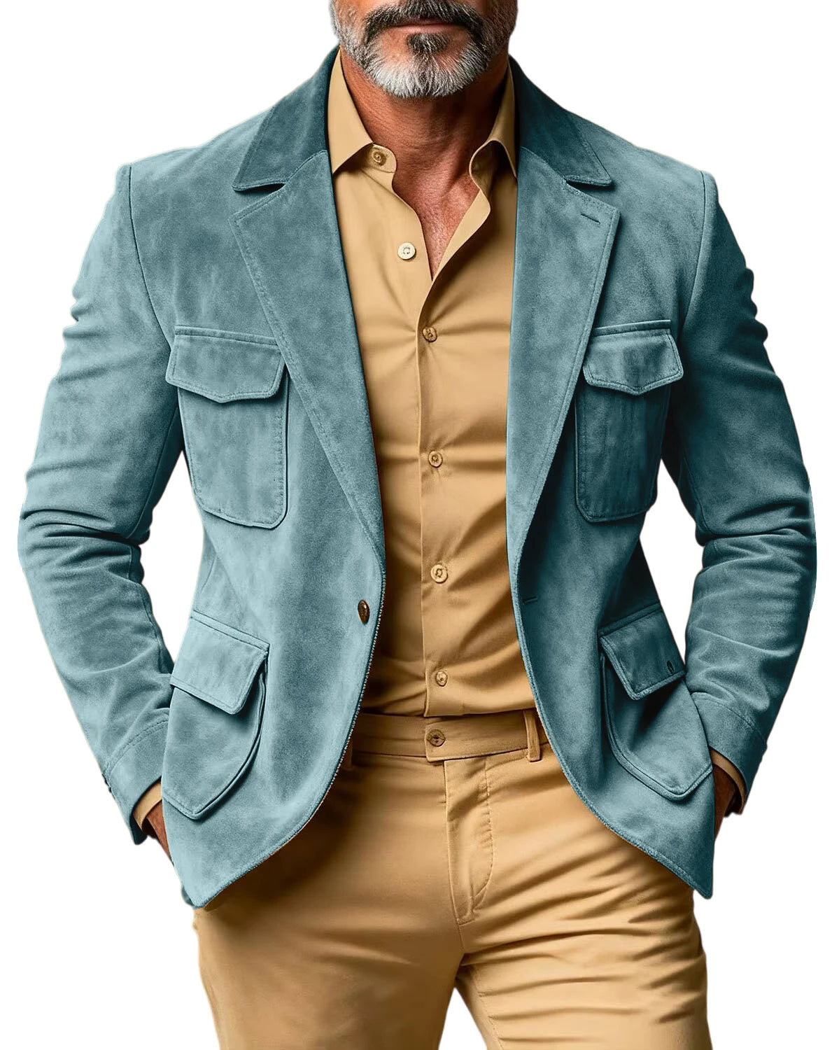 Men's Suede Safari Blazer Slim Fit Notch Lapel Multi-Pocket Hunting Jacket Autumn Winter Casual Business Sport Coat