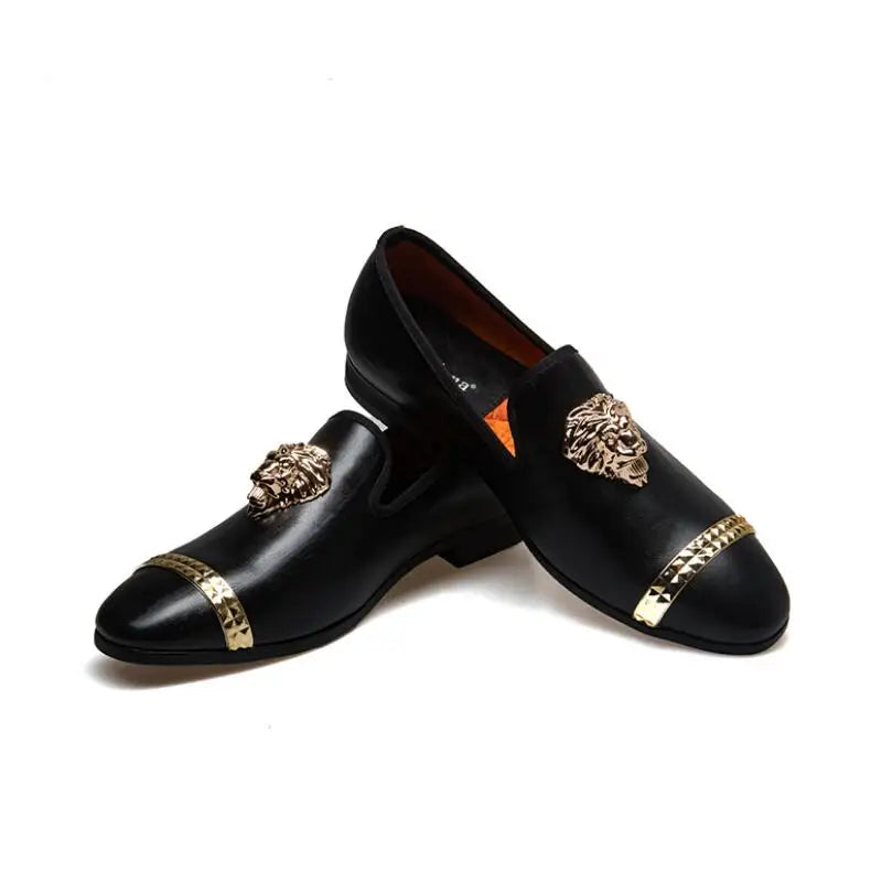 Men's leather loafers, luxury penny slippers, golden lion buckle decorated casual flat shoes, brand dress shoes A25