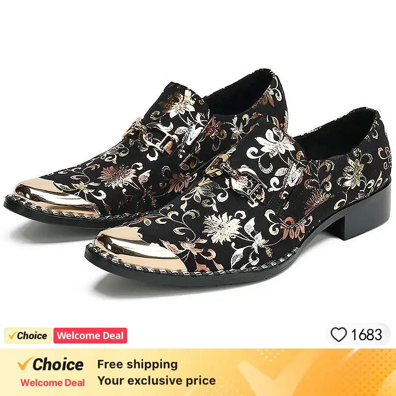 High-end red buckle pointed high-heeled leather men's shoes suit men's snake black dress party shoes.