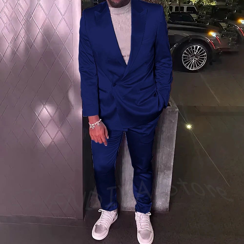 Silver Satin Men Suits 2 Piece Chic Peak Lapel Casual Daily Suit Single Button Formal Evening Party Tuxedo (Blazer+Pants)