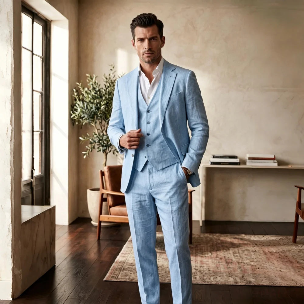 3 Pieces Linen Breathable Suit Separates Blazer with Vest Pants for Men Summer Beach Wedding Casual Party Suits for Men Suits