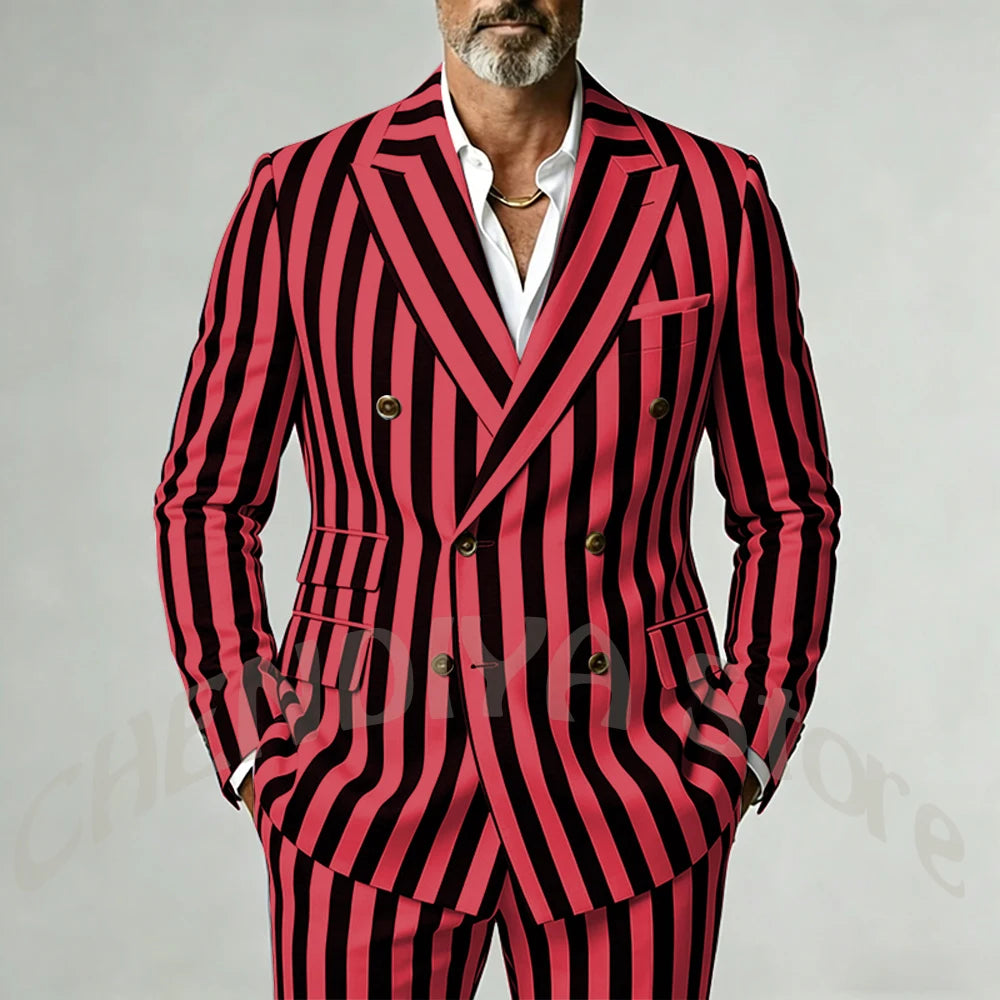 Casual Wide Striped Men's Suit Double Breasted Peaked Lapel Tailored Costume Homme Smart Business Office Daily Party Outfit
