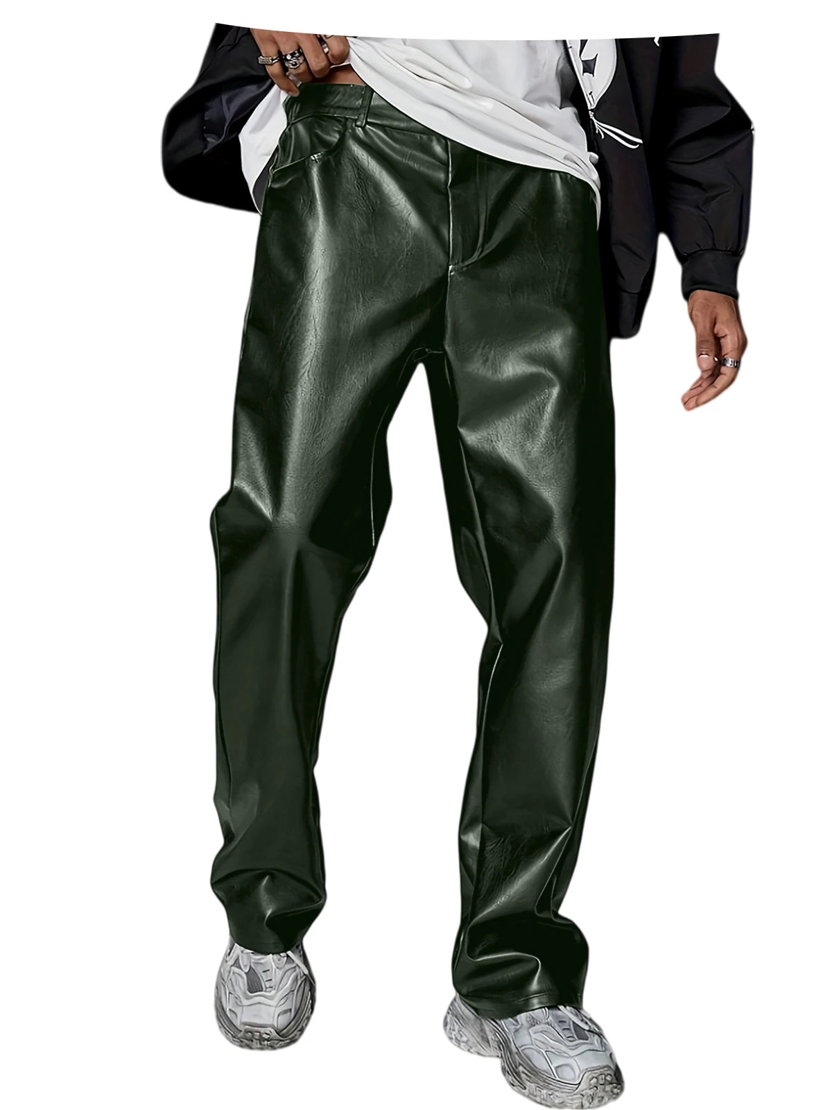 Men's Faux Leather Wide Leg Pants High Waist Loose Straight Trousers Hip Hop Streetwear Club Party Casual Bottoms
