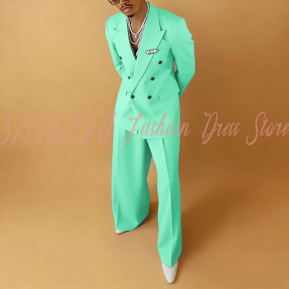 Double Breasted Men Solid Color Suit 2 Pieces Jacket Pants Business Casual Social Party Male Clothing Best Man Costumes Hommes