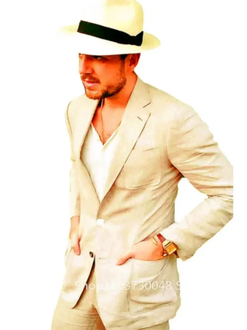 2 Piece Men's Beige/Light Blue Linen Notch Lapel Two Buttons Slim Fit Blazer with Pants  Wedding Groom Tuxedos Casual Men Suits