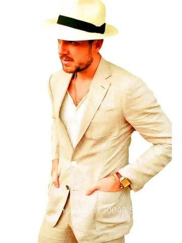 2 Piece Men's Beige/Light Blue Linen Notch Lapel Two Buttons Slim Fit Blazer with Pants  Wedding Groom Tuxedos Casual Men Suits