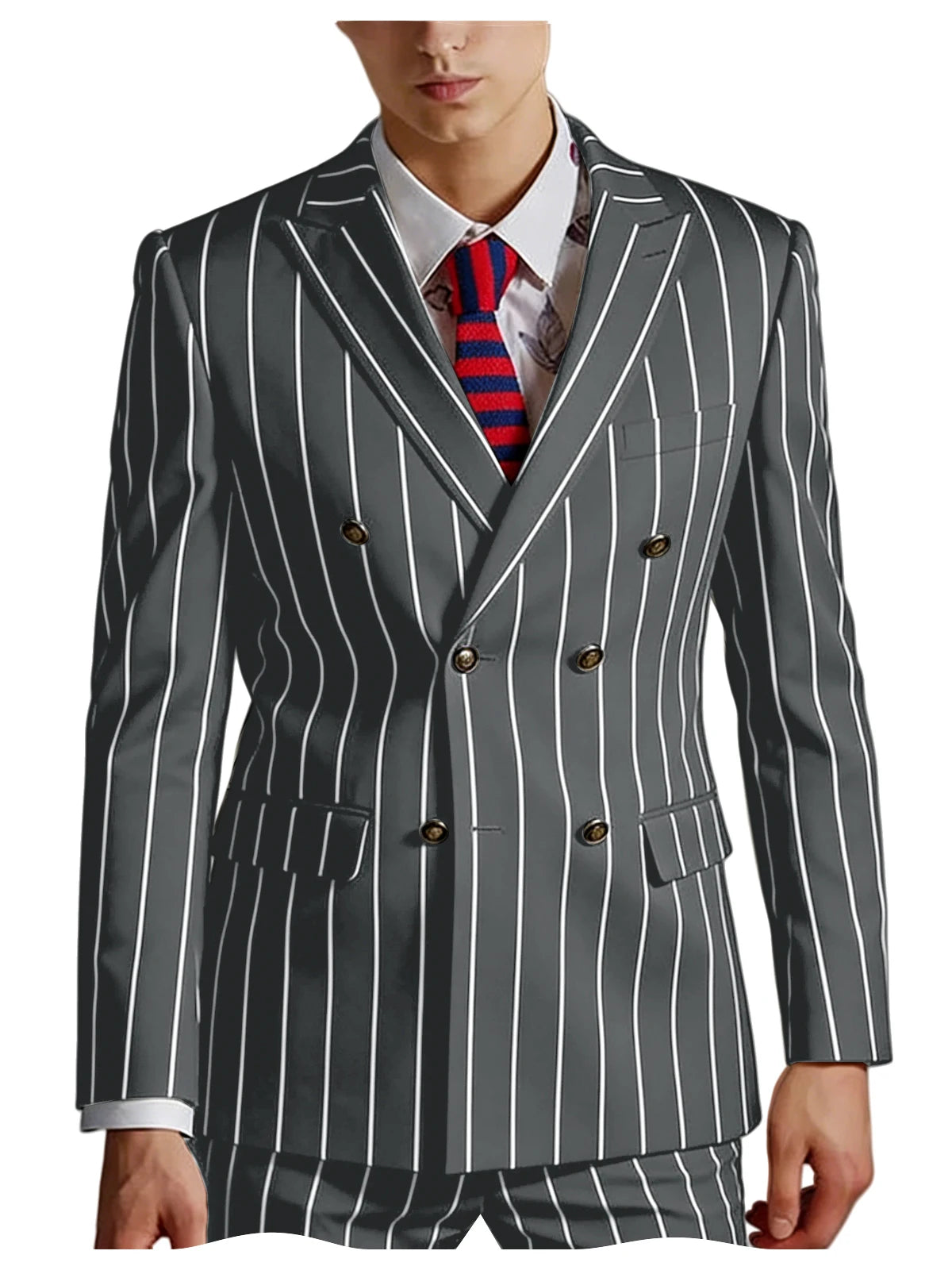 Men's Pinstripe 2 Piece Suit Set Double Breasted Peak Lapel Slim Fit Striped Tuxedo Suit For Wedding Prom Business Formal