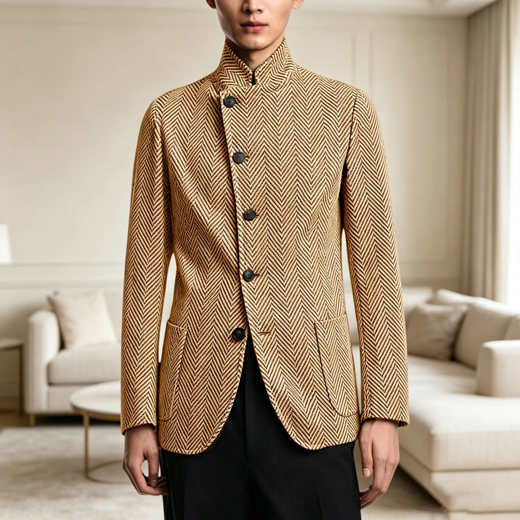 Vintage Men's Herringbone Jacket Stand Collar Slim Fit Wool Blend Formal Blazer Fashion British Style Sport Coat Business Casual