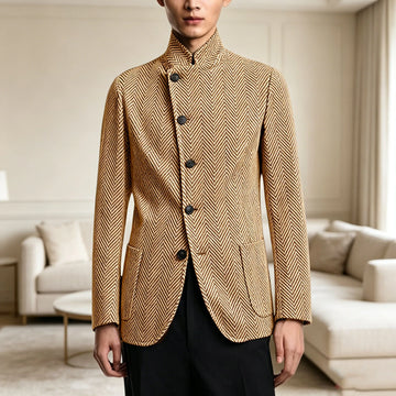 Vintage Men's Herringbone Jacket Stand Collar Slim Fit Wool Blend Formal Blazer Fashion British Style Sport Coat Business Casual