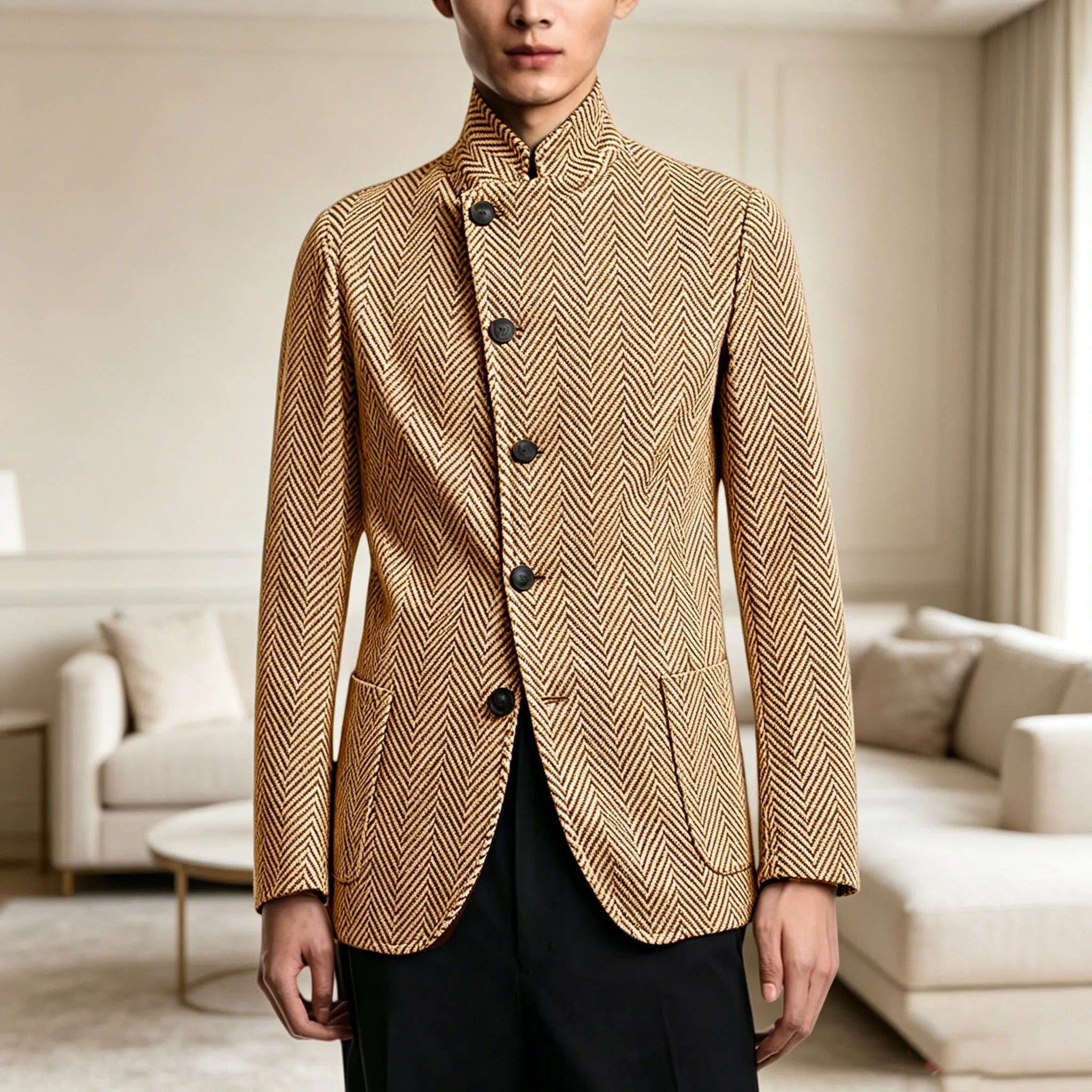 Vintage Men's Herringbone Jacket Stand Collar Slim Fit Wool Blend Formal Blazer Fashion British Style Sport Coat Business Casual