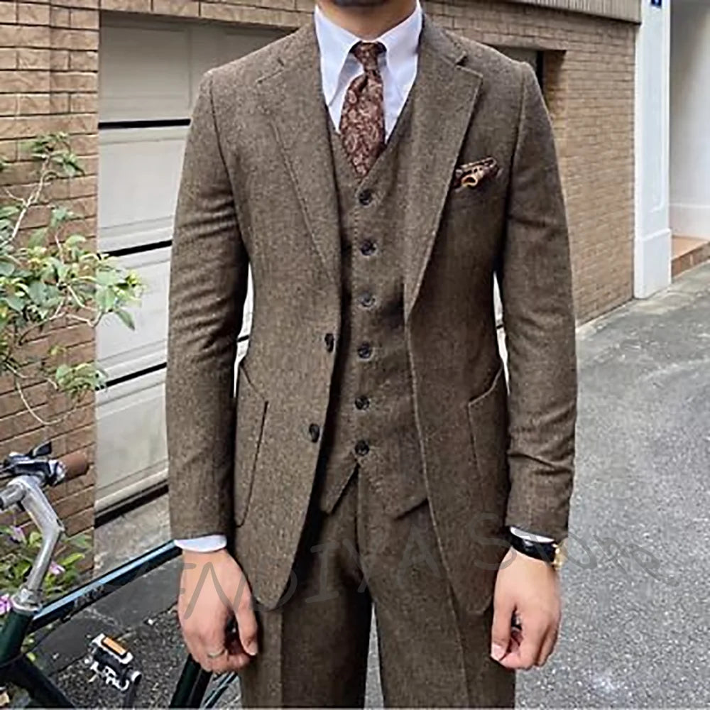 British Style Woolen Suit For Men Three Pieces High Quality Chic Notch Lapel Outfit Single Breasted Business Casual Blazer Set