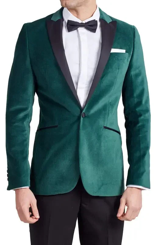 2-Piece Men's Green Velvet  Suit One Button Peak Lapel Blazer Groom Tuxedos Jacket Pants Set for Wedding Party
