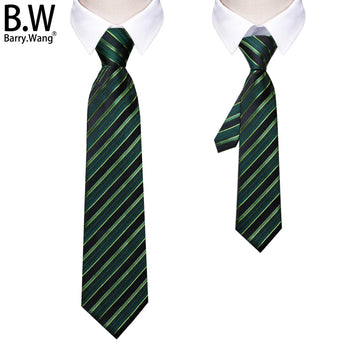 Barry.Wang Tie for Dad and Son Jacquard Green Striped Silk Necktie Pocket Sqaure Parent-child Adult Boy Men Young Party Wedding