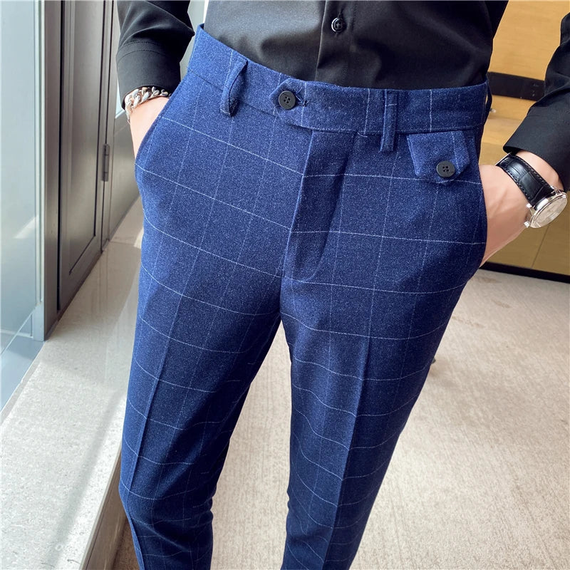 2023 New Mody High Quality Men Suit de calça reta Primavera Autumn Long Male Plaid Business Business Casual Troushers Comprimento total