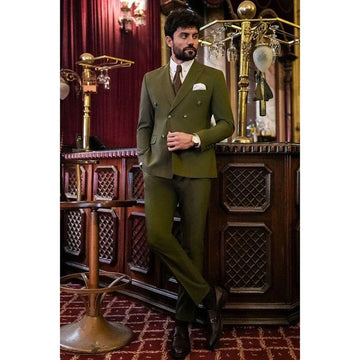 Fashion Olive Green Double Breasted Men Suit Two Pieces(Jacket+Pants) Lapel Outfits Chic Casual Party Prom Wedding Set