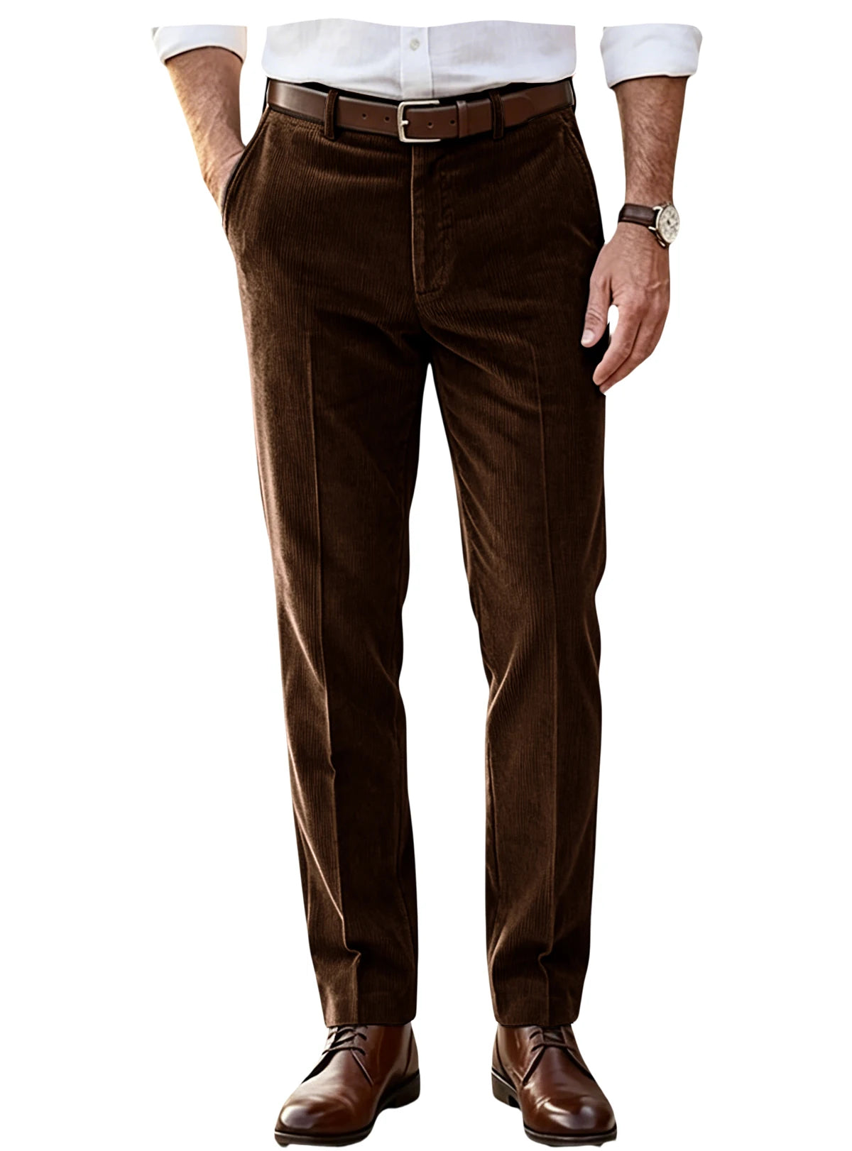 Men's Khaki Corduroy Pants Straight Leg Classic Fit Elastic Waist Comfort Wrinkle Resistant Formal Trousers For Business Office