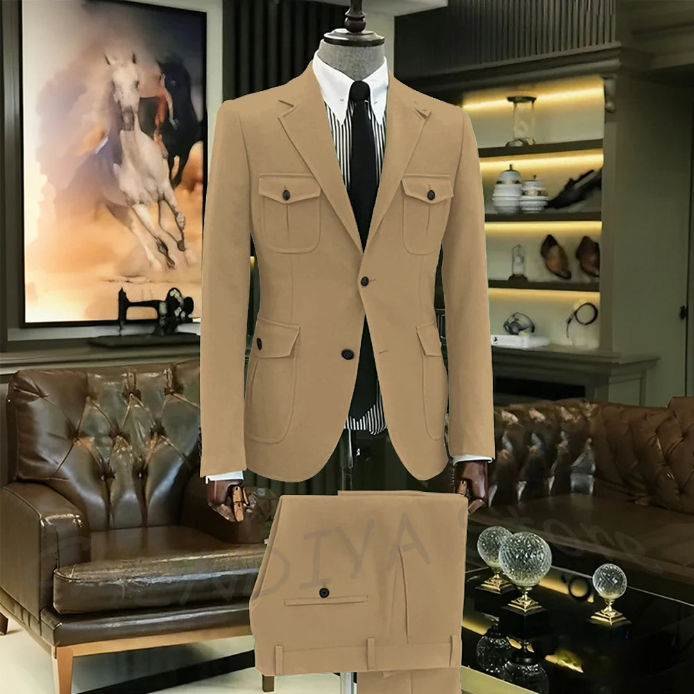 Customized Men Suits Solid Color Four Pockets Notch Lapel Outfits Formal Party Prom Daily Male Sets Two Piece(Blazer+Pants)