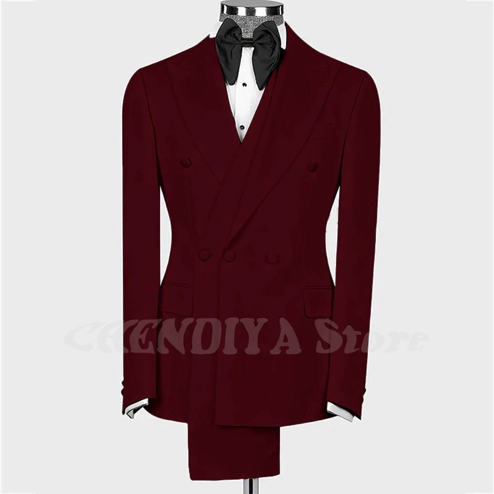 High Quality Man Suit Two Piece Peaked Lapel Slim Fit Jacket with Black Pants Formal Outfit Business Party Groom Wedding Set