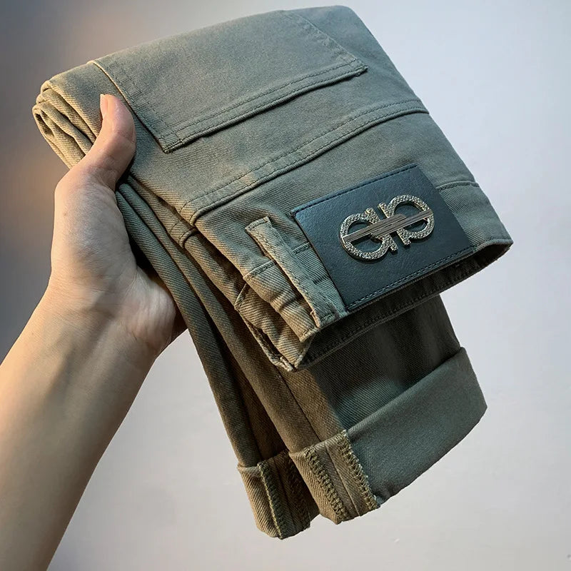Light luxury men's jeans 2025 summer thin stretch tapered small straight leg casual versatile denim solid color pants