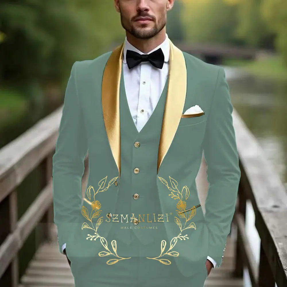 Oil Green Men Suit Business Tuxedo Formal Gold Satin Lapel Groom Groomsman Wedding Party Prom Male 3 Piece Set Blazer Vest Pants