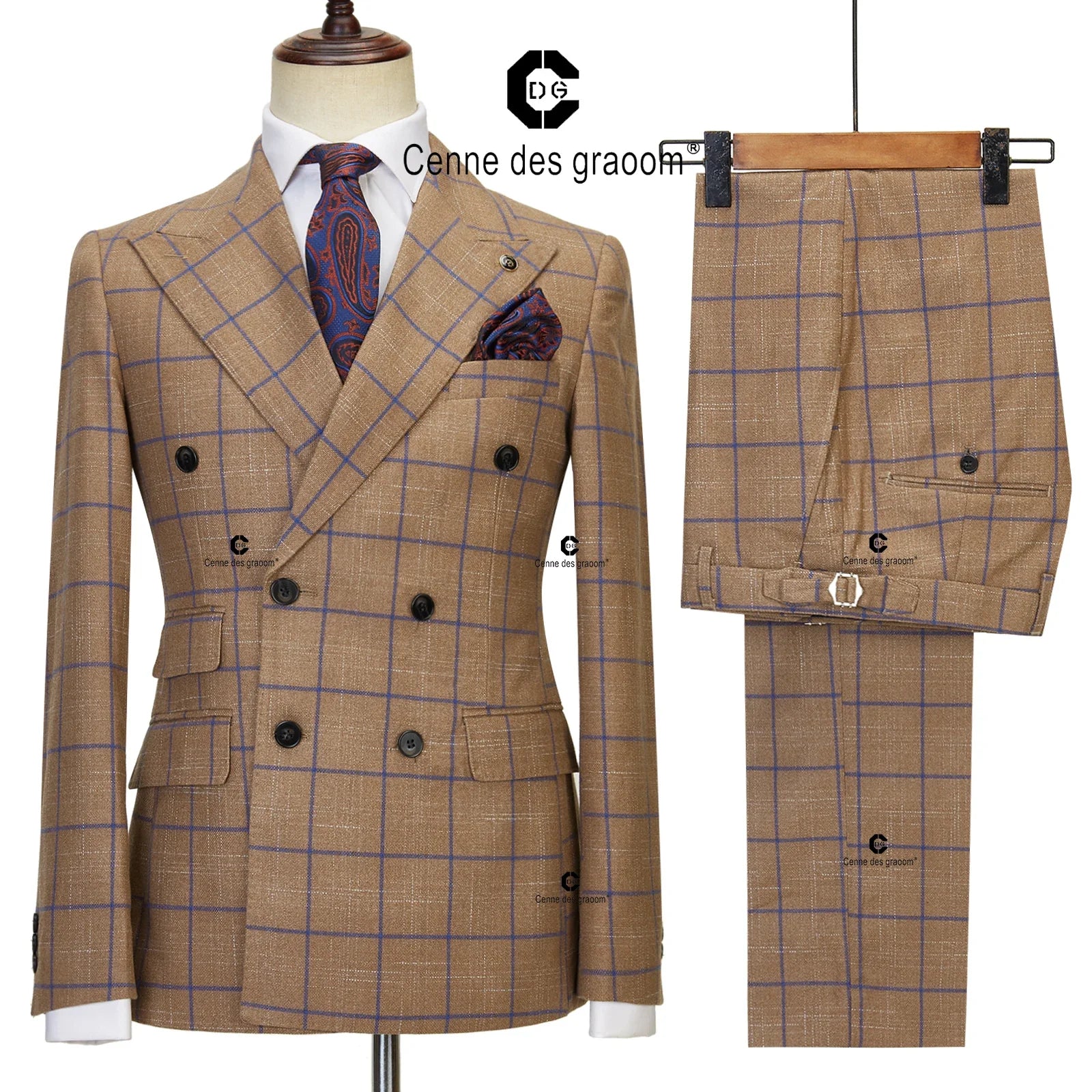 Cenne des Graoom 2023 Neue braune Plaidanzüge für Männer Doppelte 2 PCs Set Blazer Jacke Hosen Hochzeitsfeier Meeting Office