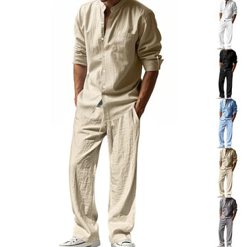 2025 Cross-border American Four Seasons Linen Men's Casual Suit Amazon Loose Long Sleeve Pants Shirt Suit Men's
