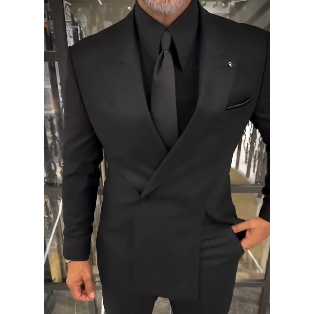 Classic Black Men Suits Single Button Double Split Formal Blazer Business Casual Party Prom Wedding Set 2 Piece Jacket Pants