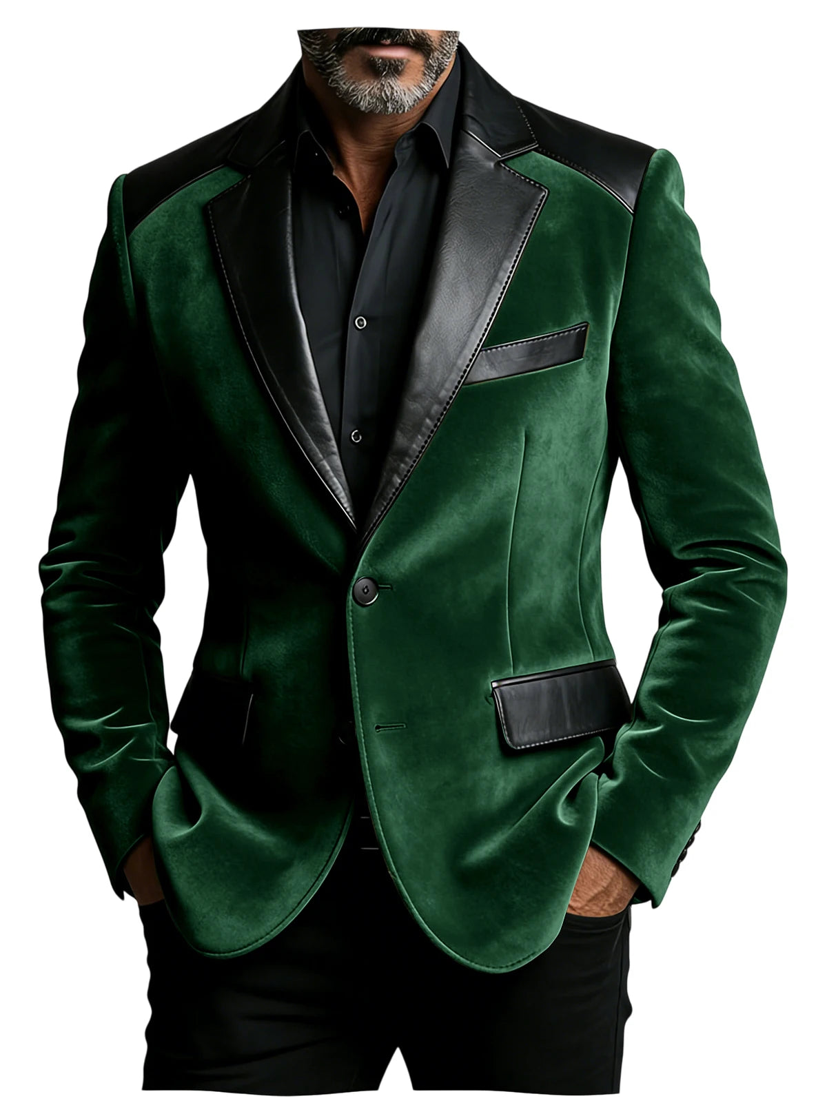 Men's Velvet Blazer with Leather Patchwork Slim Fit Two Button Peak Lapel Suit Jacket for Business Wedding Party Flap Pockets