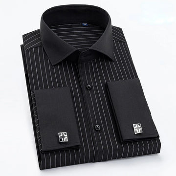 Quality Men French Cufflinks Shirt Hidden Button Men's Shirt Long Sleeve Casual Slim Fit Cuff Dress Shirts (Cufflinks Included)