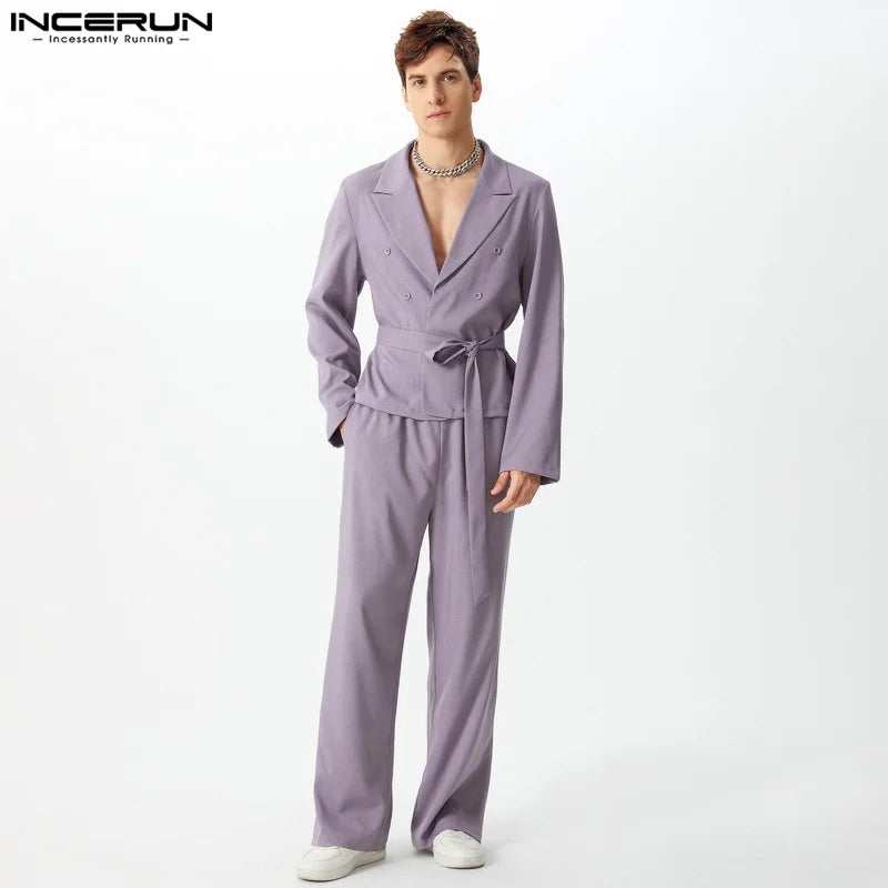 INCERUN 2024 American Style Sets Stylish New Men Tie Double Breasted Cropped Suit Straight Leg Pants Male Clubwear Suit 2 Pieces