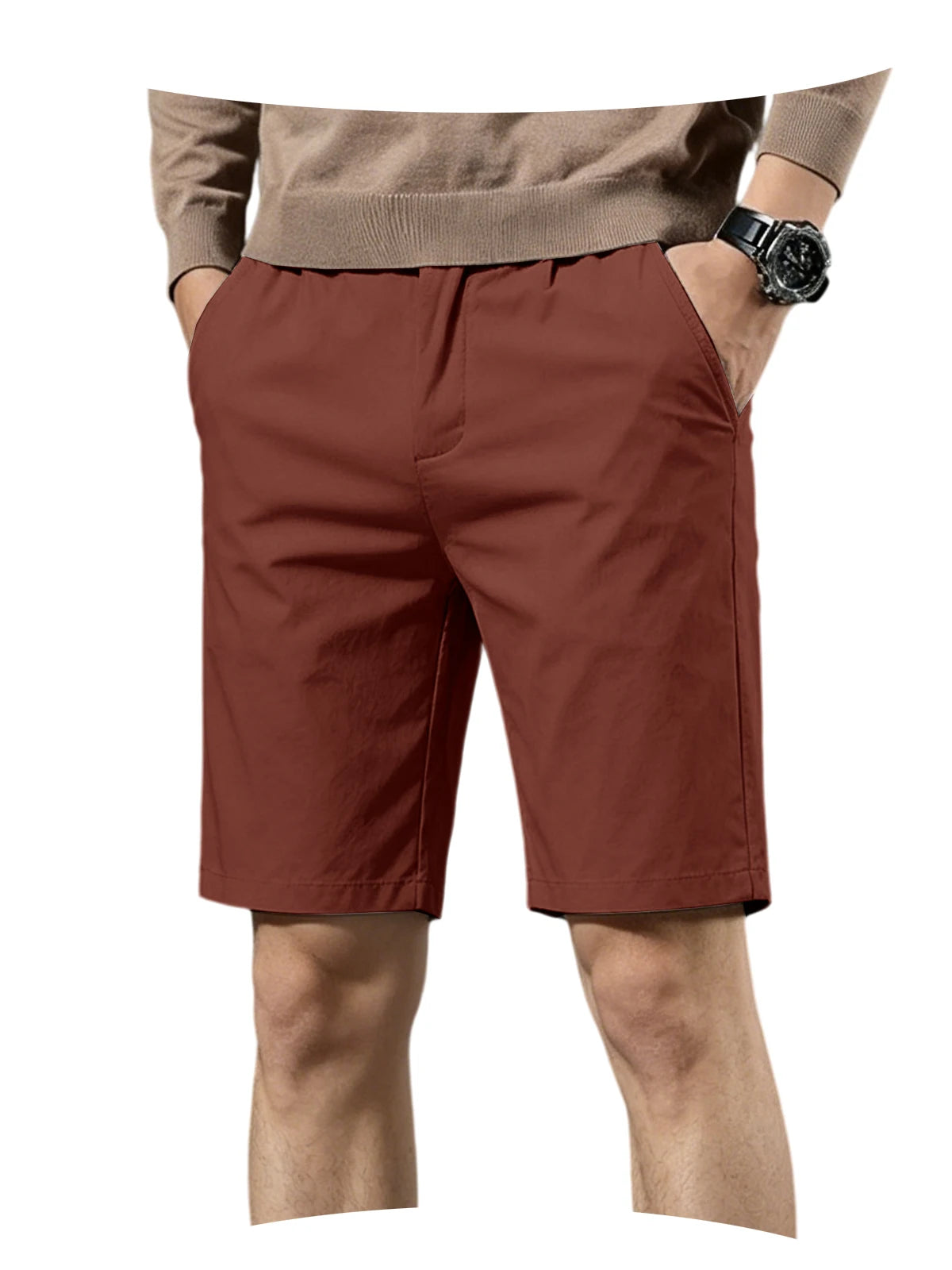 Men Cotton Solid Knee Length Bermuda Shorts Straight Chino Shorts Front Back Pockets Breathable Summer Beach Daily Casual Shorts