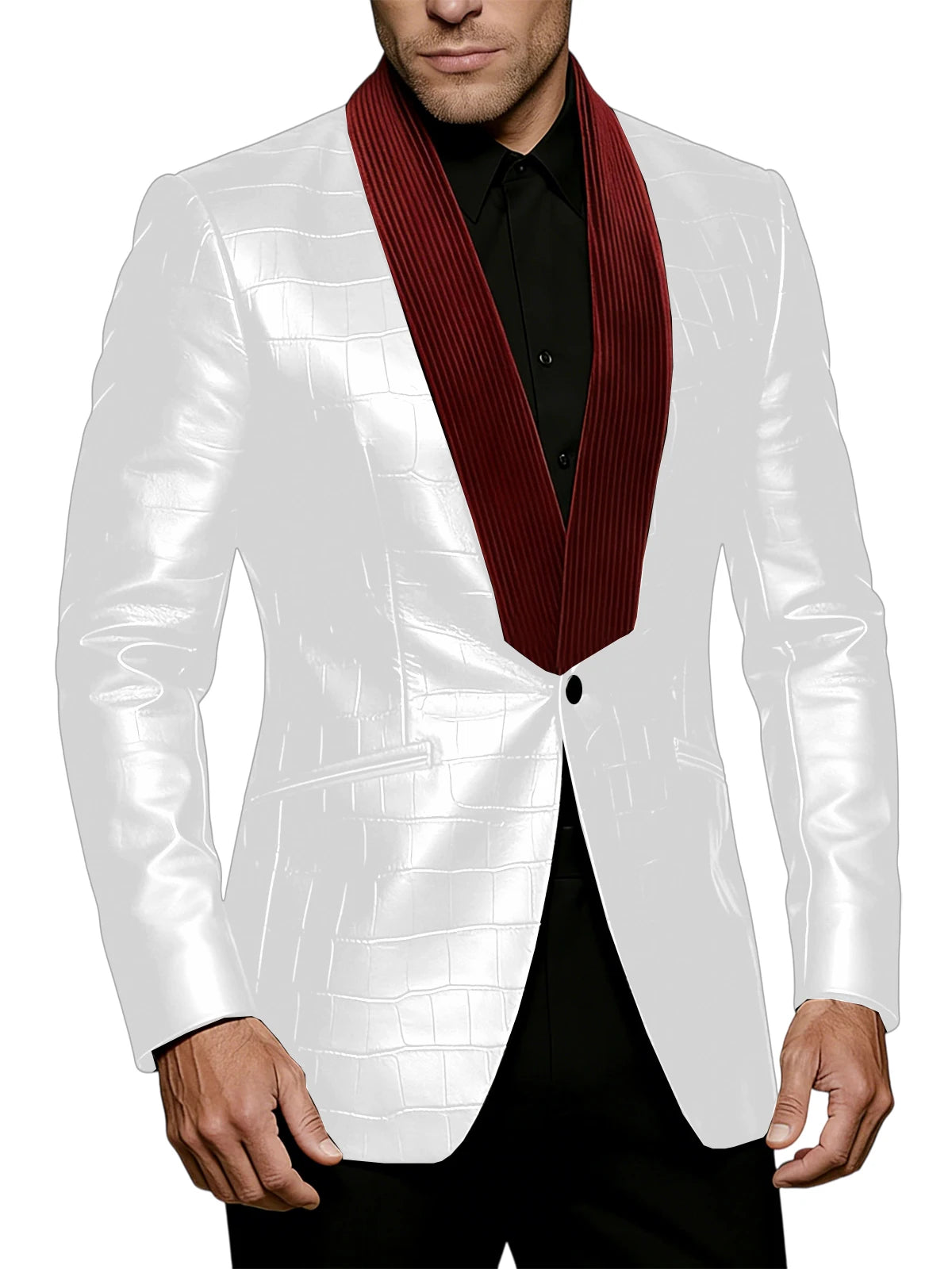 Men's Crocodile Pattern Leather Blazer Corduroy Patchwork 1 Button Shawl Collar Suit Jacket Slim Fit Business Formal Outerwear