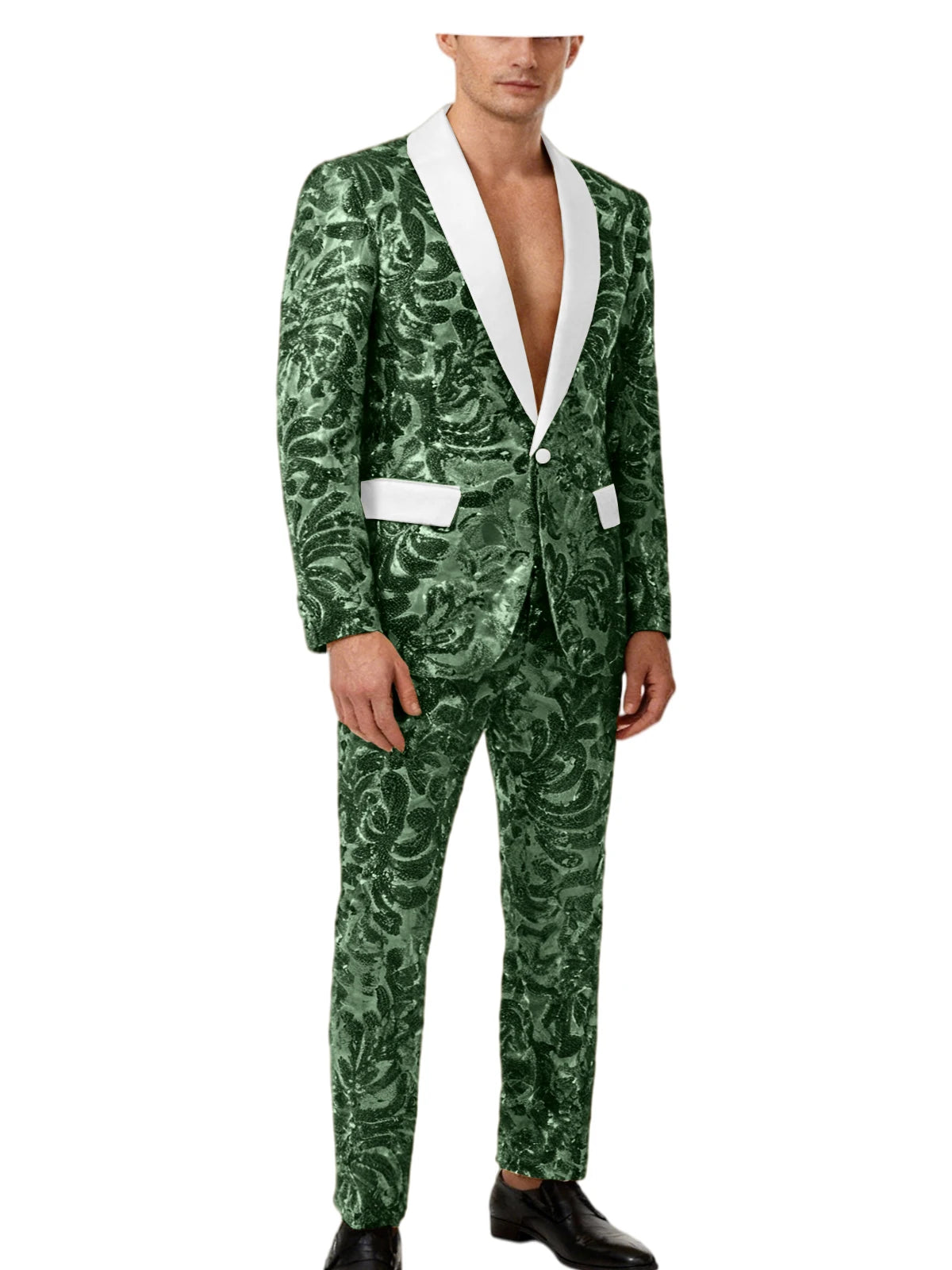 Men's Sequin Paisley Tuxedo Set Suit White Satin Shawl Lapel Slim Fit 2 Piece Blazer+Pants For Wedding Prom Party Suit Plus Size