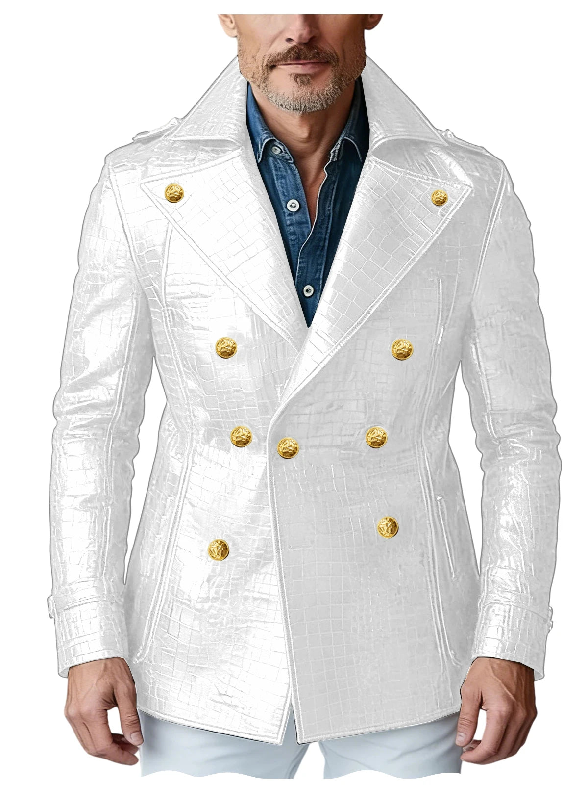 Men's Crocodile Embossed Leather Blazer Double Breasted Trench Coat Wide Lapel Gold Button Slim Fit Jacket For Four Season