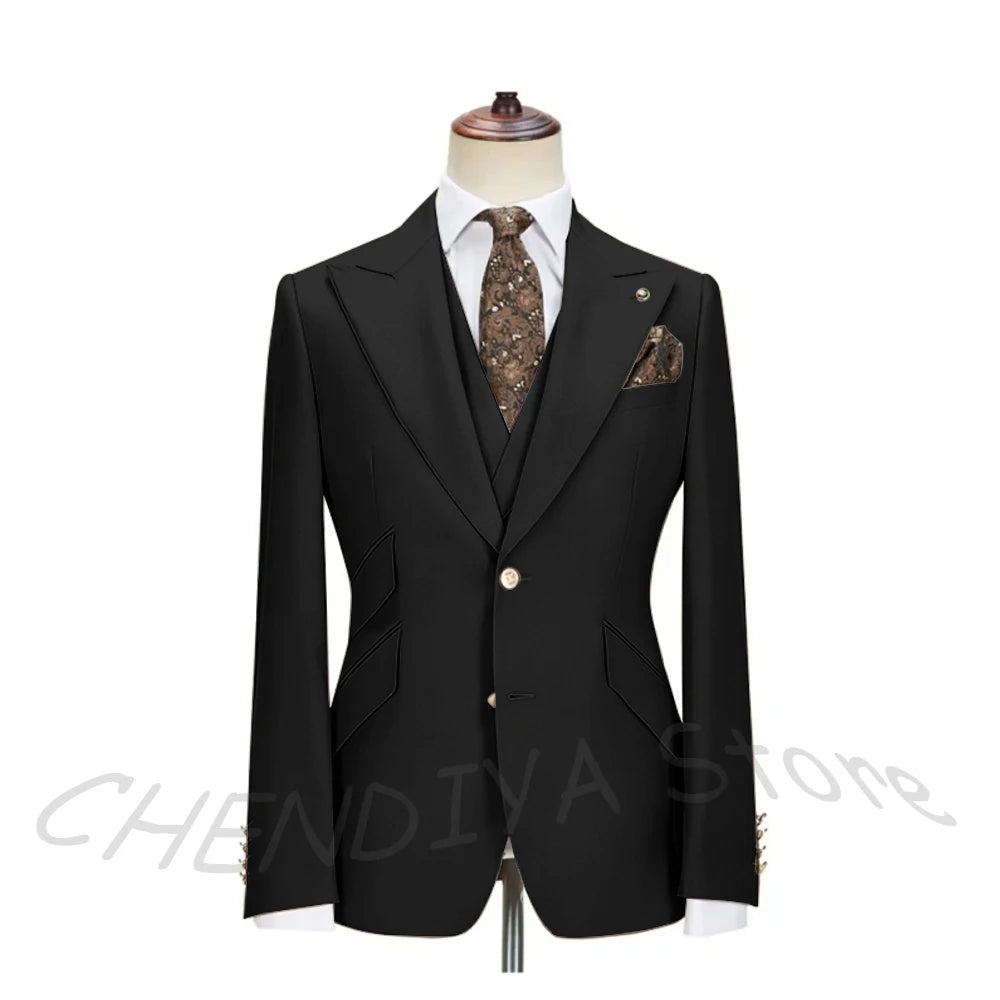 Solid Color Men's Suits 3 Piece (Blazer+Pants+Vest) Fashion Peak Lapel Single Breasted Prom Male  Business Casual Clothing