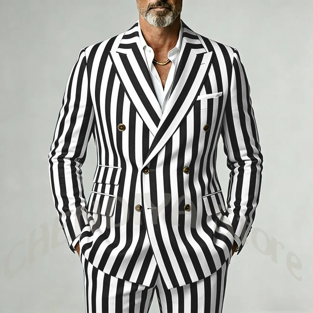 Casual Wide Striped Men's Suit Double Breasted Peaked Lapel Tailored Costume Homme Smart Business Office Daily Party Outfit