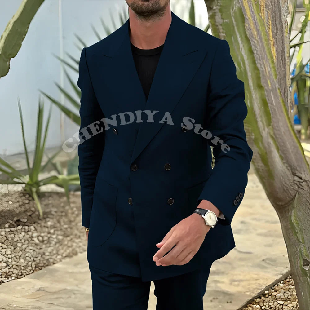 Fashion Men's Suits Black Notch Lapel Double Breasted Classic Smart Casual 2 Piece Prom Party Wedding Tuxedo Slim Costume Homme