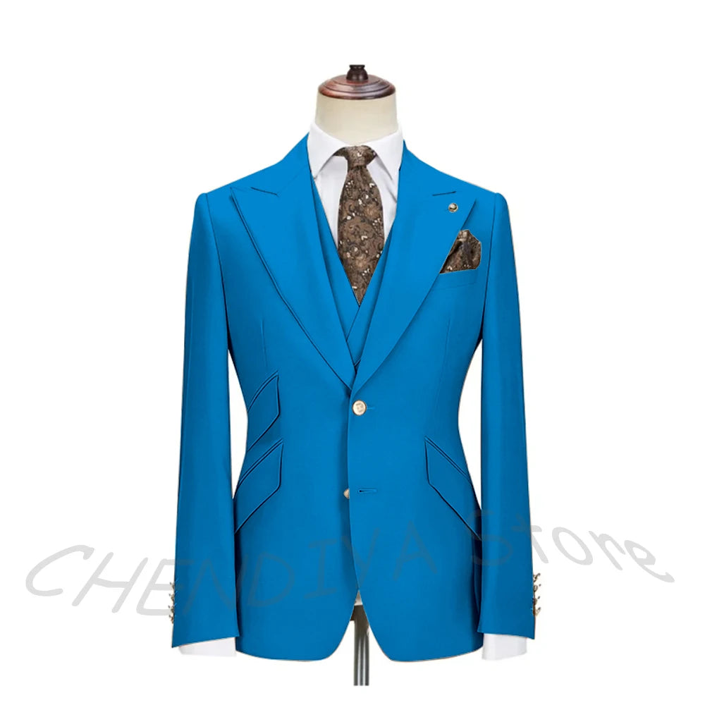 Solid Color Men's Suits 3 Piece (Blazer+Pants+Vest) Fashion Peak Lapel Single Breasted Prom Male  Business Casual Clothing