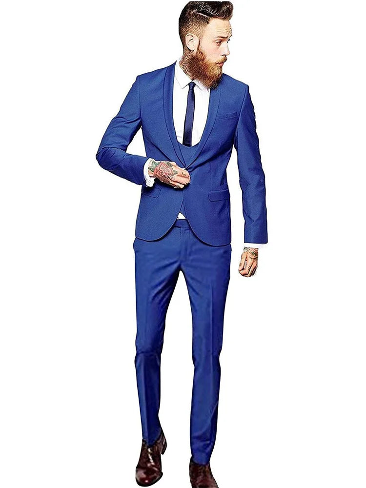 Blue Men's 3 Pieces Fashion Suits Slim Fit Groomsmen Tuxedos Formal Wedding/Business Men Suits Jacket+Vest+Trousers for Party