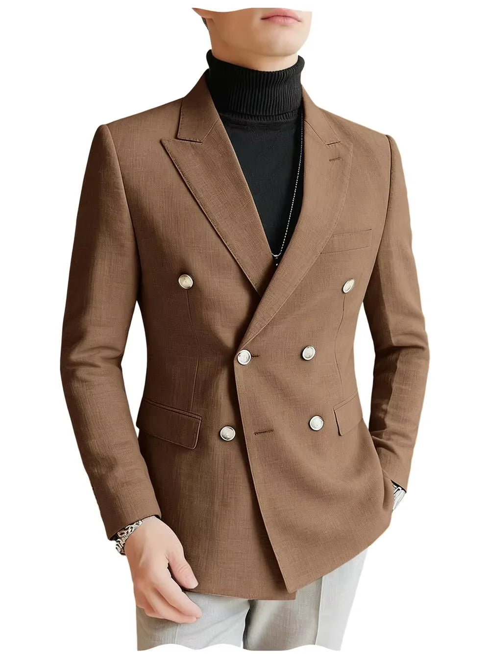 Men's Linen Blazer Double Breasted Peak Lapel Slim Fit Lightweight Breathable Cool Fashion Formal Jacket For Summer Business