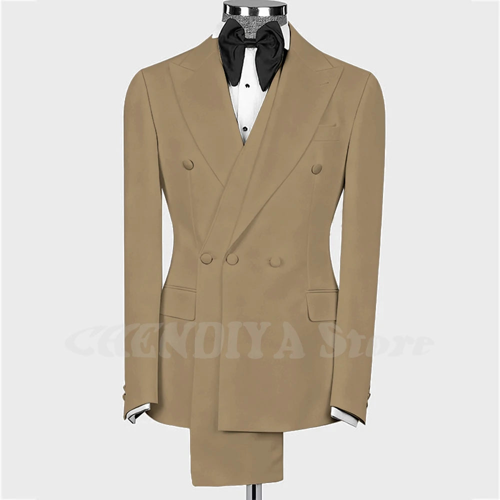 High Quality Man Suit Two Piece Peaked Lapel Slim Fit Jacket with Black Pants Formal Outfit Business Party Groom Wedding Set