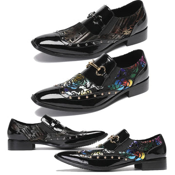 Classic black printed men's shoes pointed casual business assembly shoes fashionable party wedding shoes ayakkabı  mens dress