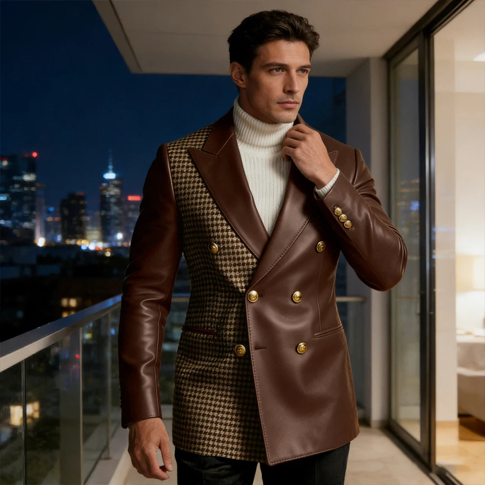 Men's Houndstooth Faux Leather Patchwork Blazer Jacket Double Breasted Peak Lapel Gold Button Slim Fit Suit For Business Casual