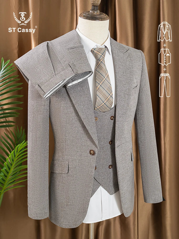 ST Cassy Men's three piece suit elegant slim fit formal office and leisure banquet groomsman set groom's wedding dress