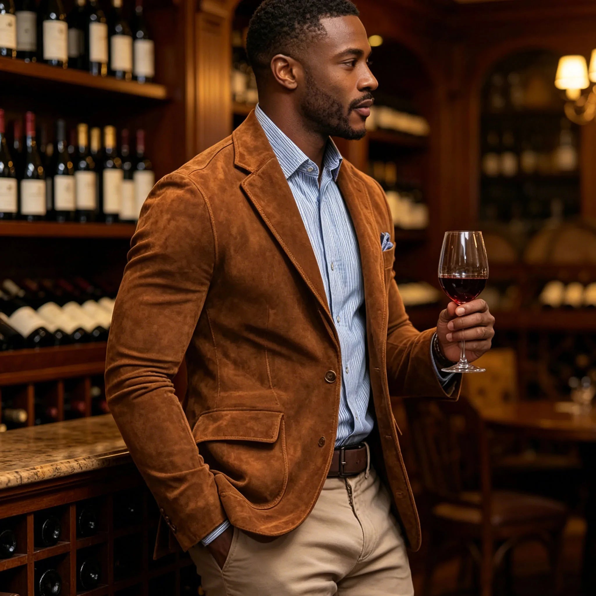 Men's Suede Brown Blazer Vintage Slim Fit Notched Lapel Formal Jacket High Quality Flap Pocket Sport Coat For Business Casual