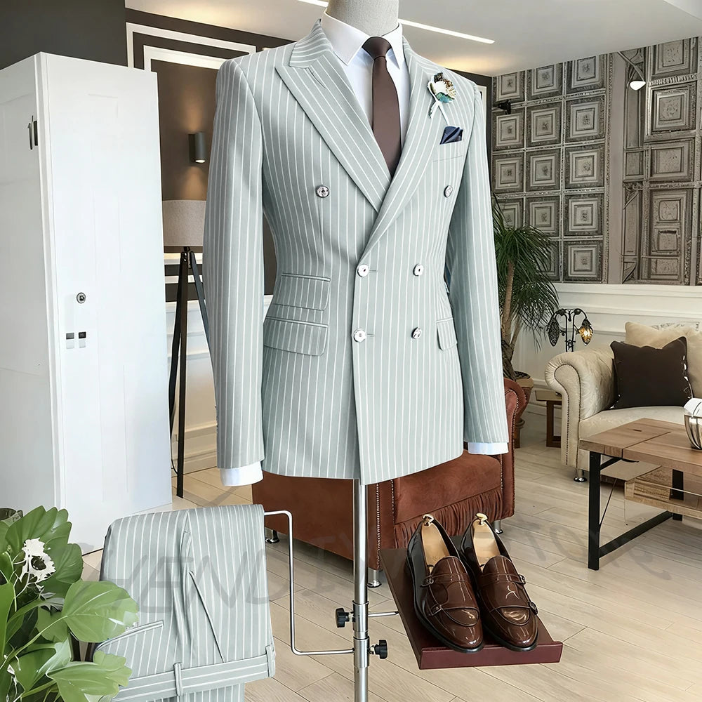 Brown Striped Men Suits Double Breasted Formal Outfits 2 Piece Male Clothing Business Casual Tailored Party Prom Jacket Pants
